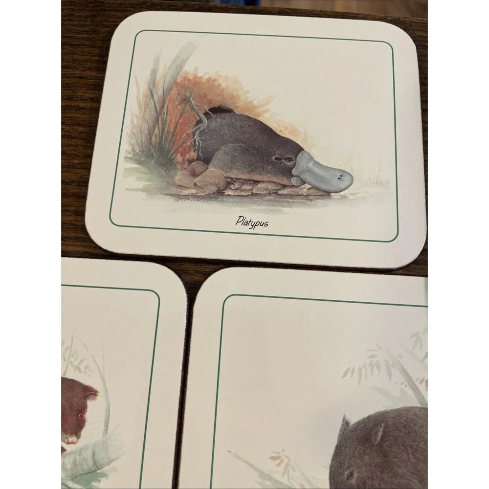 Vintage Set of 6 Cameo Australian Animals Cork Back Coasters Wildlife